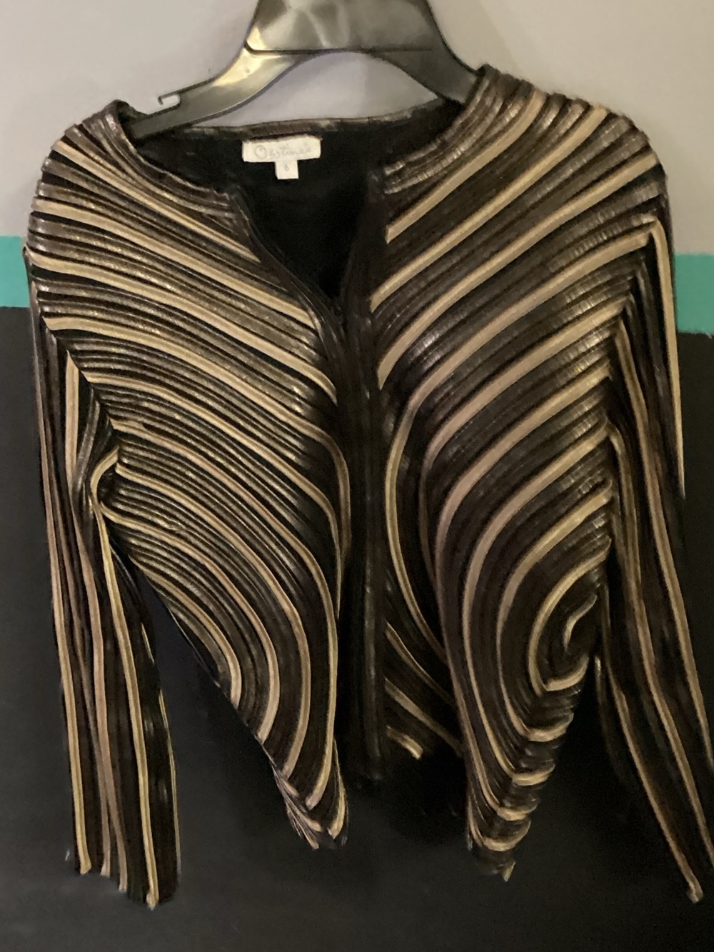 Metallic Striped Zip Front Jacket - Brown & Gold